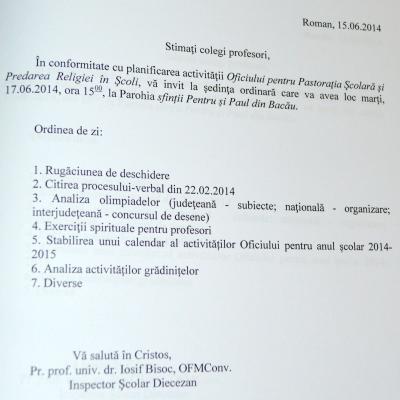 17 iunie: Bacău: Sesiune a Oficiului pentru Pastoraţia Şcolară şi Predarea Religiei în Şcoli