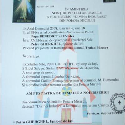 18 iunie 2008: Poiana Micului: Sfinţirea pietrei de temelie a bisericii "Divina Îndurare"